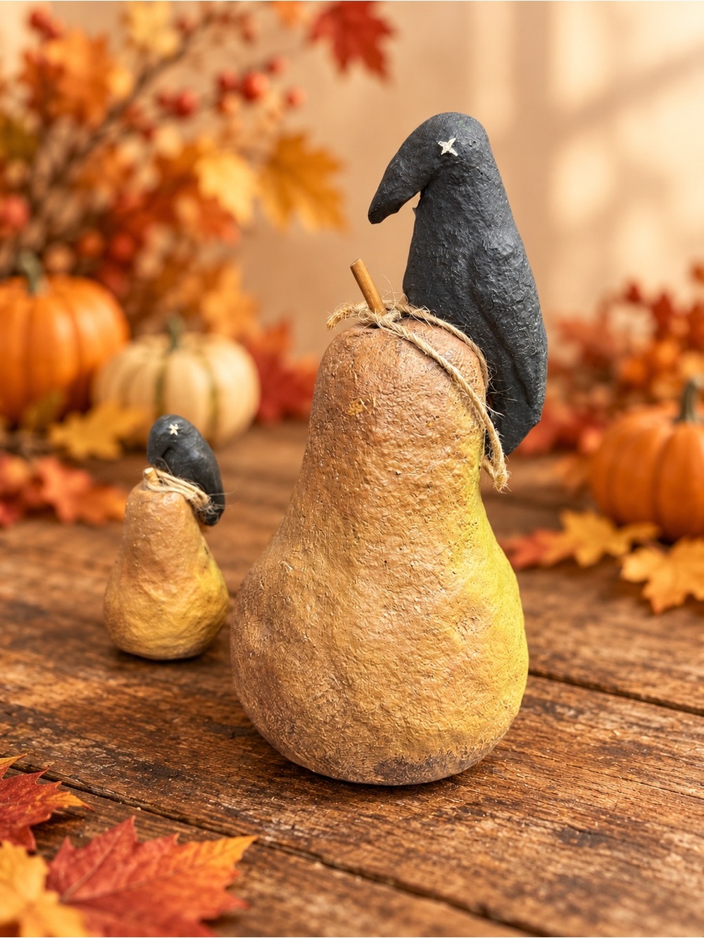 Primitive Black Crow & Pear Figurines – Set of 2
